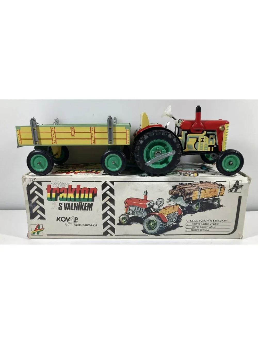 Vintage Kovap Zetor Czechoslovakia Tin Wind Up Toy Tractor & Trailer Used w/Box
